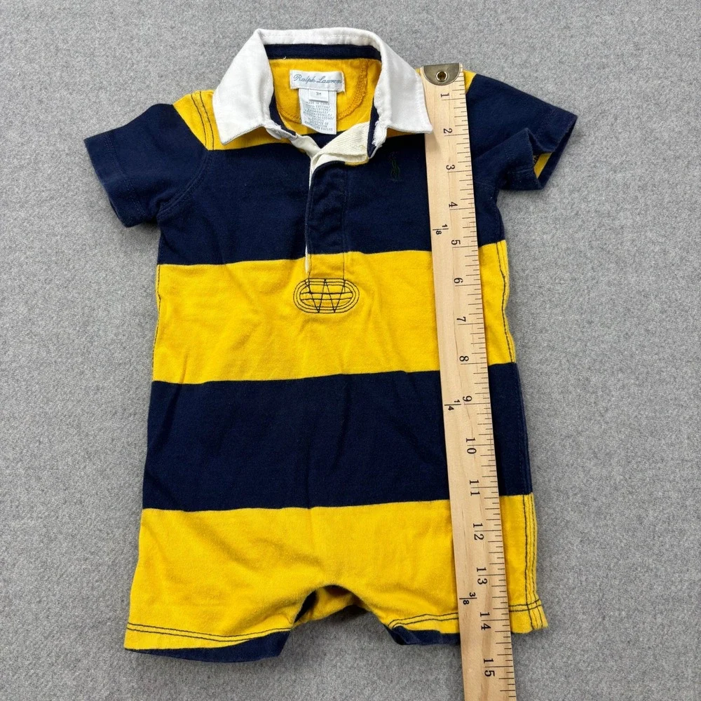 Ralph Lauren Baby Rugby‎ Romper Shortall 3M Yellow Navy Blue Short Sleeve Polo